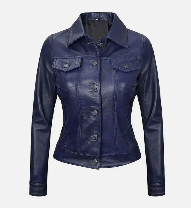Women Royal Blue Leather Trucker Jacket