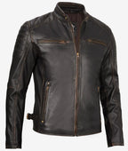 Classic Mens Rub Off Brown Leather Cafe Racer Jacket