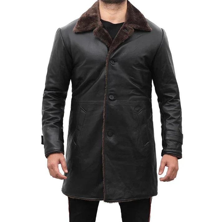 Mens Shearling Lined Black Leather Trench Coat