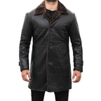 Mens Shearling Lined Black Leather Trench Coat