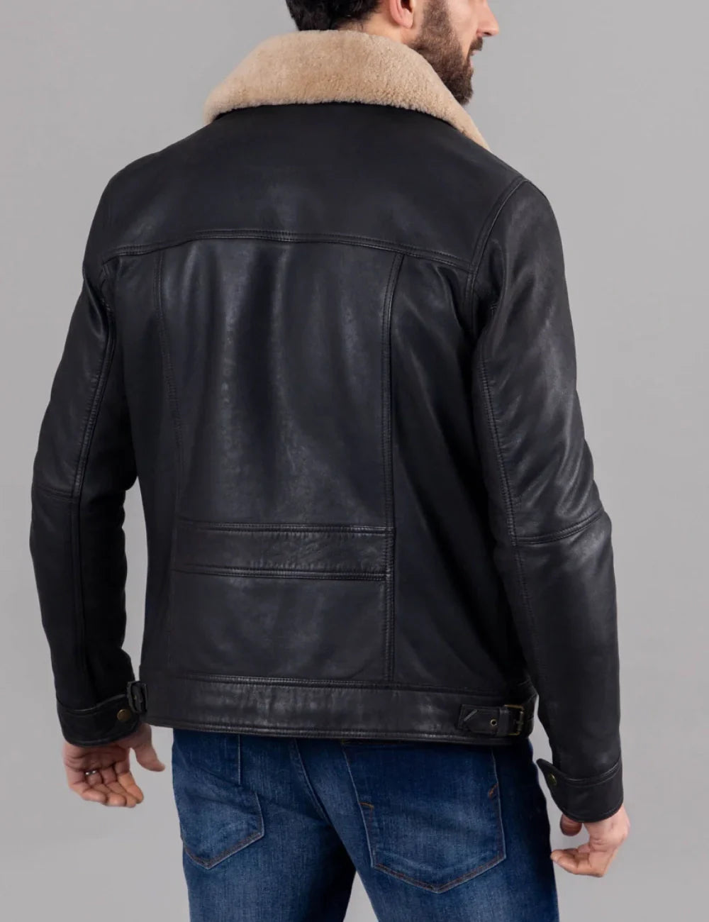 Black Real Leather Shearling Bomber Jacket for Men