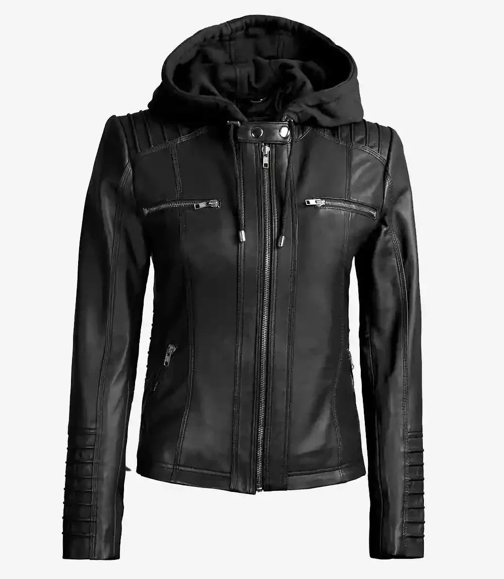 Womens Tall Black Leather Jacket With Removable Hood