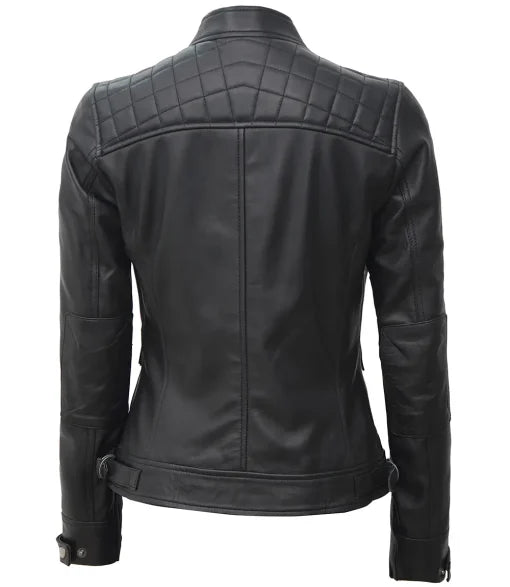 Women Tall Black Quilted Cafe Racer Leather Jacket