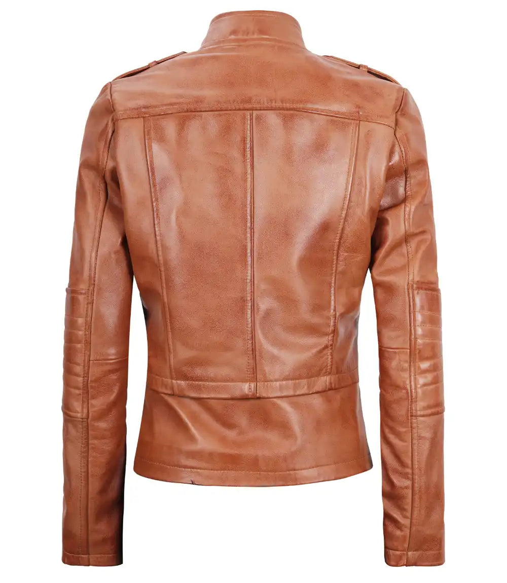 Womens Tan Real Leather Motorcycle Jacket