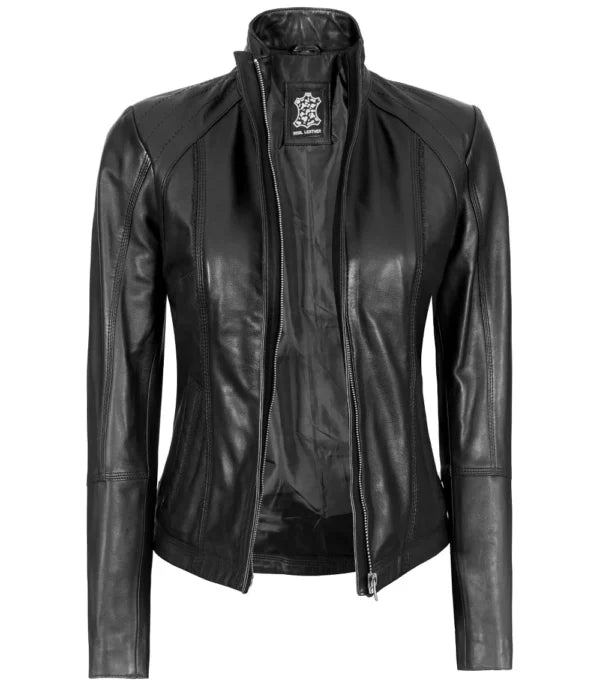 Black Leather Cafe Racer Motorcycle Jacket For Women
