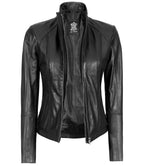 Black Leather Cafe Racer Motorcycle Jacket For Women