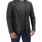 Mens Notch Lapel 2 Buttons Black Lambskin Leather Blazer