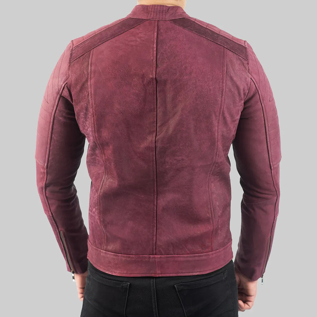 Men’s Burgundy Distressed Leather Biker Jacket