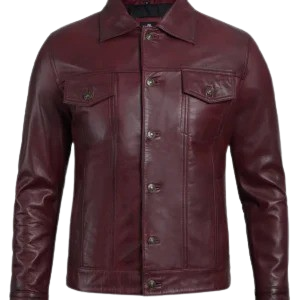 Mens Stylish Maroon Trucker Jacket – Genuine Lambskin Leather