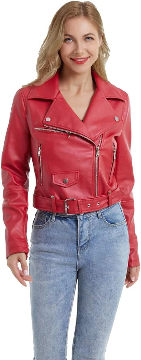 Red Biker Cropped Leather Jacket