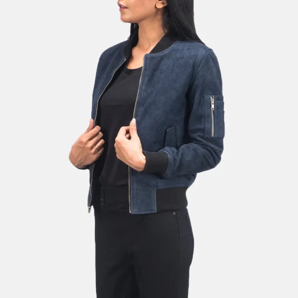 Women Blue Suede Bomber Jacket