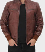 Brown leather biker bomber jacket for men