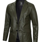 Mens Two Button Olive Green Leather Blazer