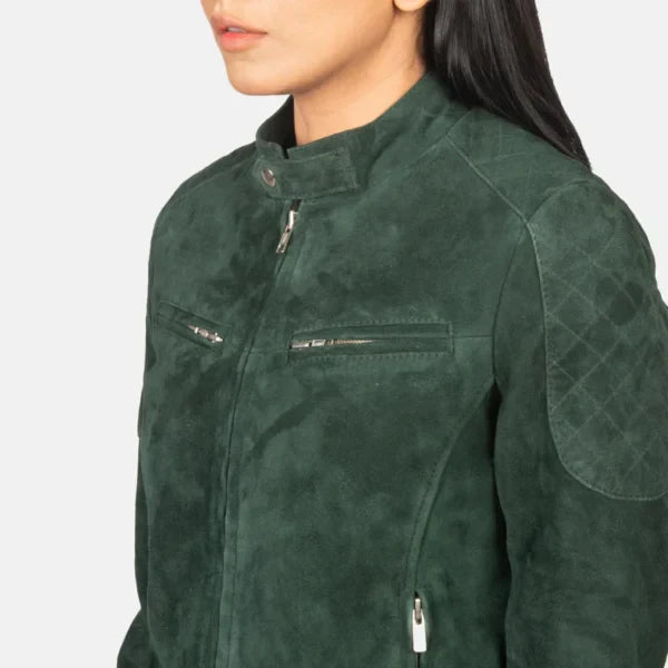 Women Suede Bomber Green Jacket
