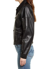 Womens Black Tall Leather Bomber Spread jacket