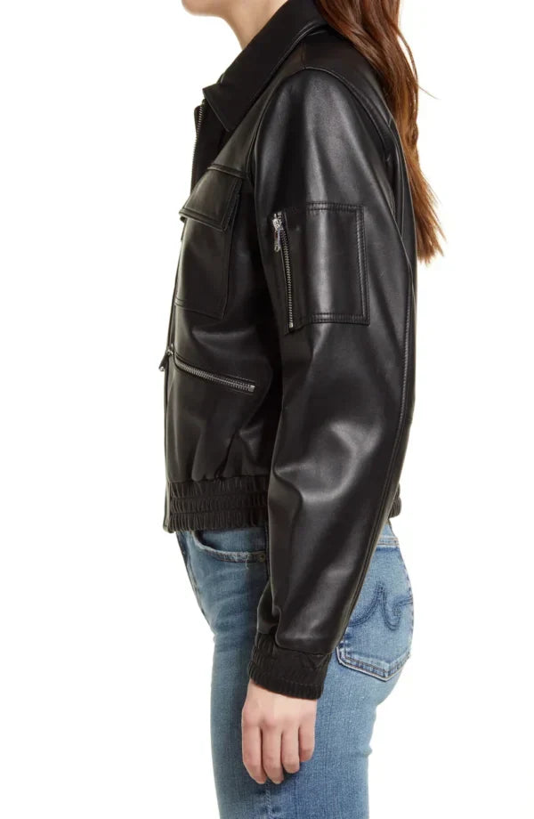 Womens Black Tall Leather Bomber Spread jacket