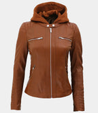Cognac Brown Womens Leather Jacket With Removable Hood