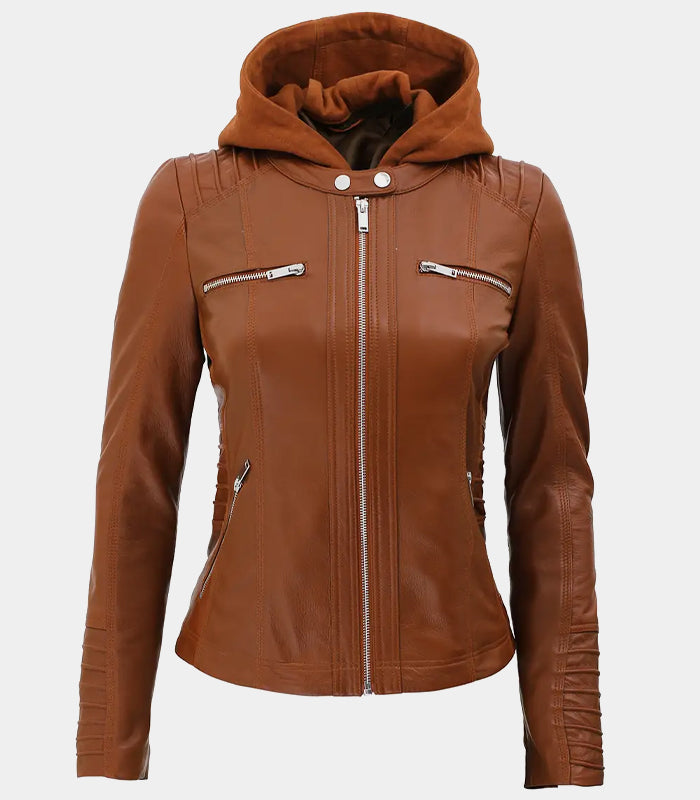 Cognac Brown Womens Leather Jacket With Removable Hood