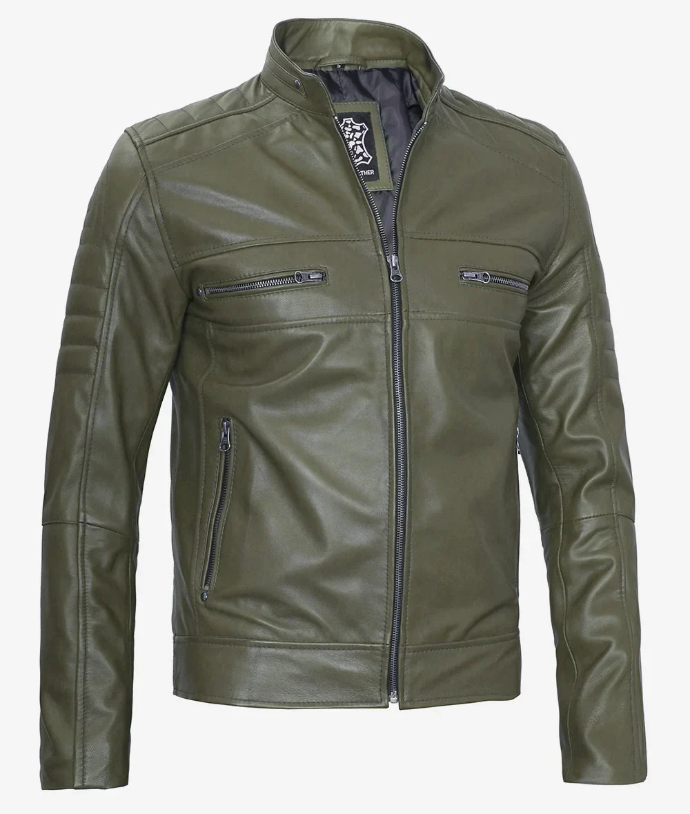 Mens Stylish Olive Green Cafe Racer Jacket