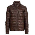 Mens Dark Brown Leather Puffer Jacket
