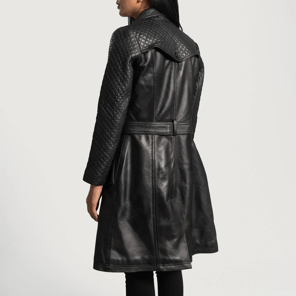 Womens Black Leather Quilted Trench Coat