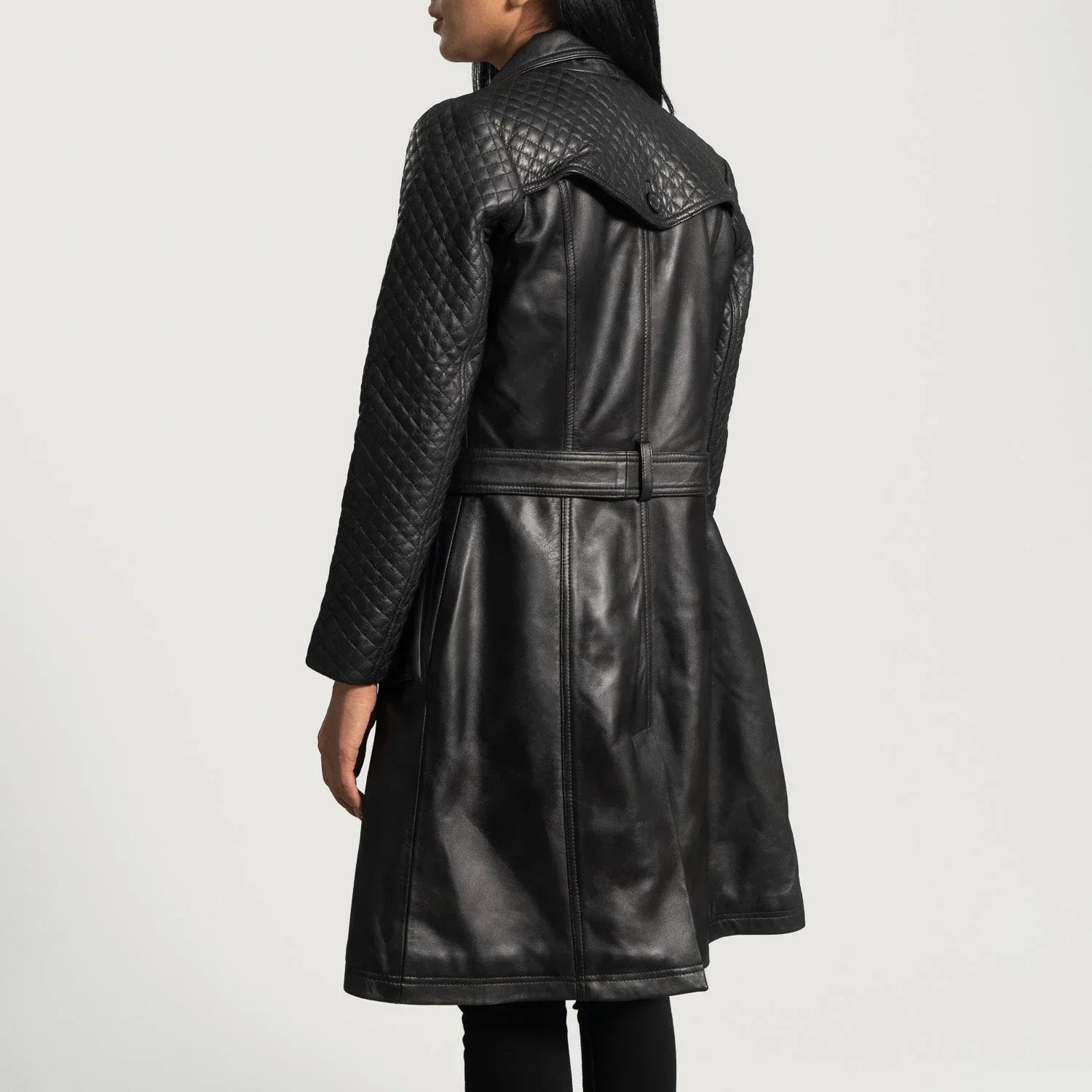 Womens Black Leather Quilted Trench Coat