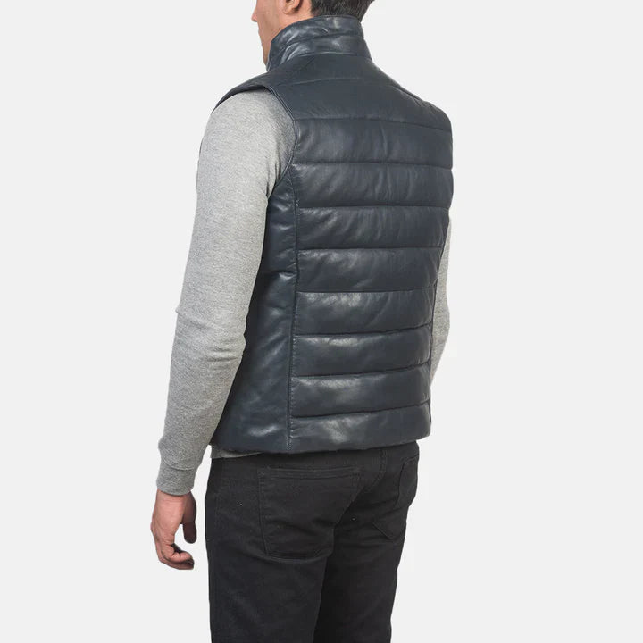Mens Reeves Blue Leather Puffer Vest