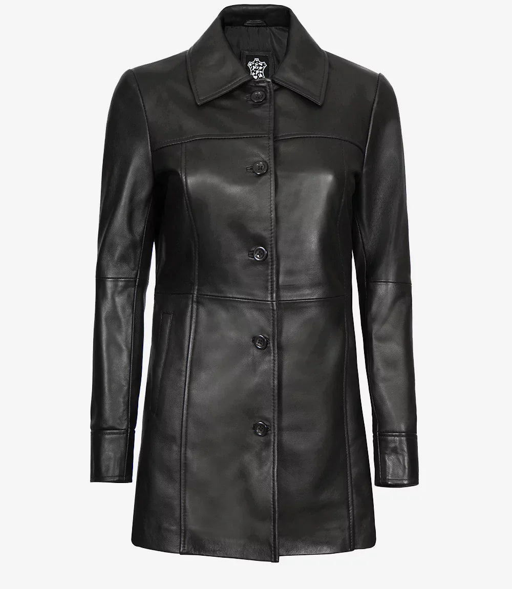 Womens Leather Black Coat - 3/4 Length