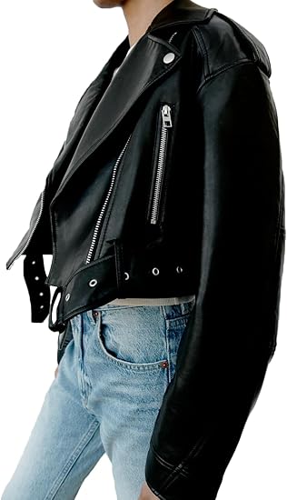Womens Black Leather Cropped Jacket