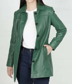 Womens Leather Green Coat - 3/4 Length