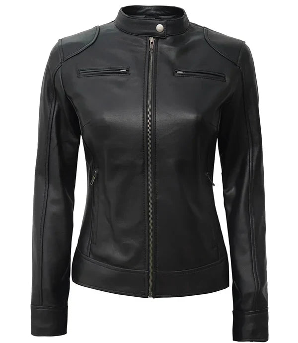 Womens Tall Black Leather Biker Jacket