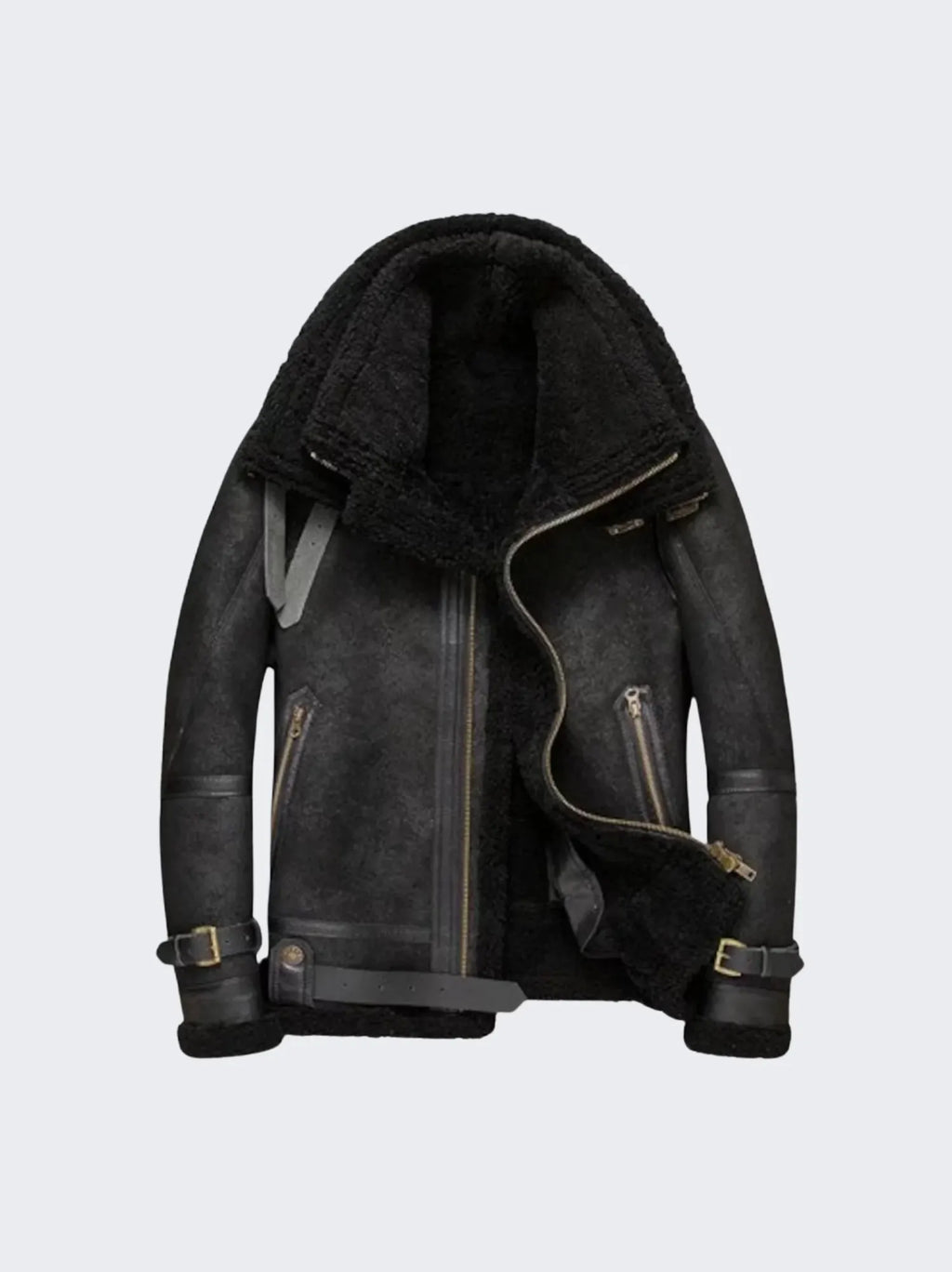 Oversized B3 Black Shearling Leather Bomber Jacket