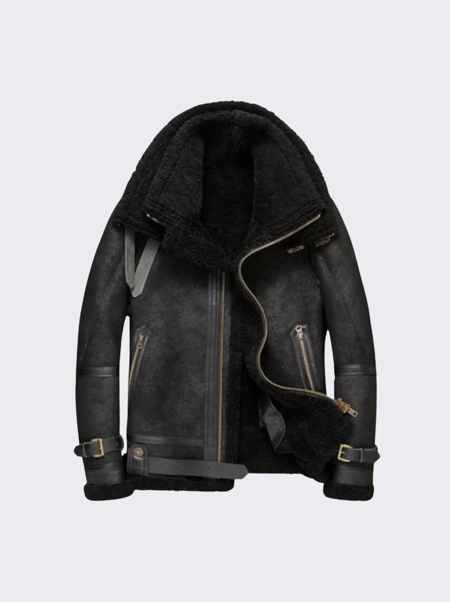 Oversized B3 Black Shearling Leather Bomber Jacket