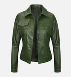 Women Green Leather Trucker Jacket