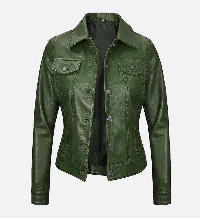 Women Green Leather Trucker Jacket