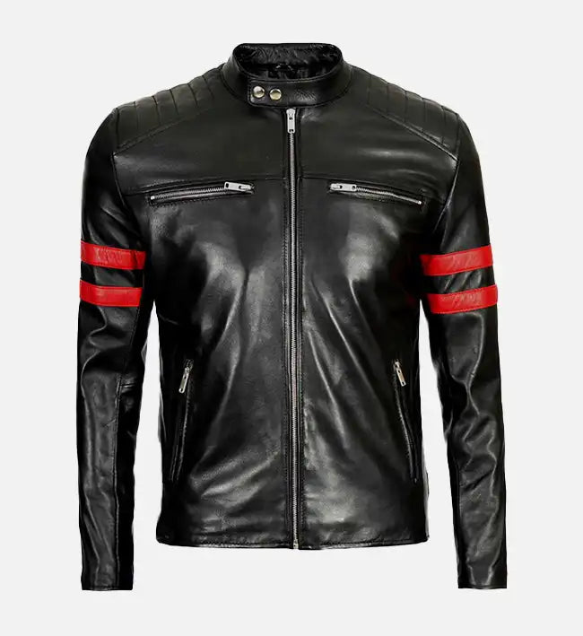 Leather Biker Jacket with Red Stripes