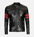 Leather Biker Jacket with Red Stripes
