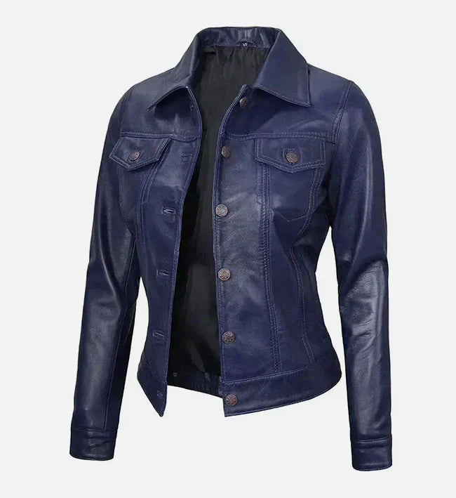 Women Royal Blue Leather Trucker Jacket