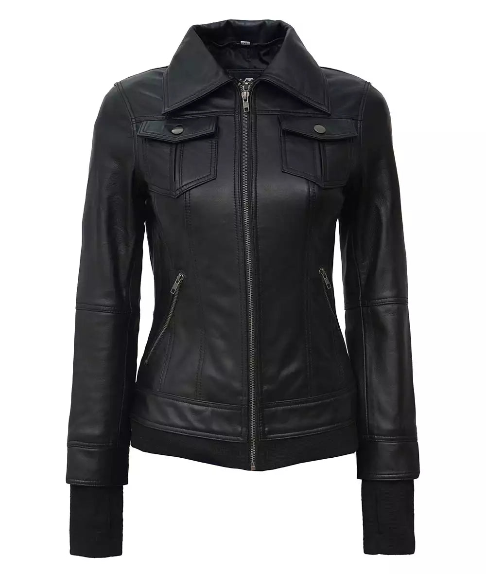 Women Tall Black Leather Jacket With Removable Hood
