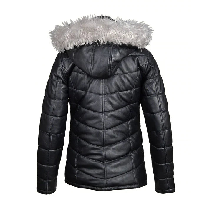 Women Winter Fur Trimmed Hoodie Puffer Leather Jacket