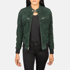 Women Suede Bomber Green Jacket