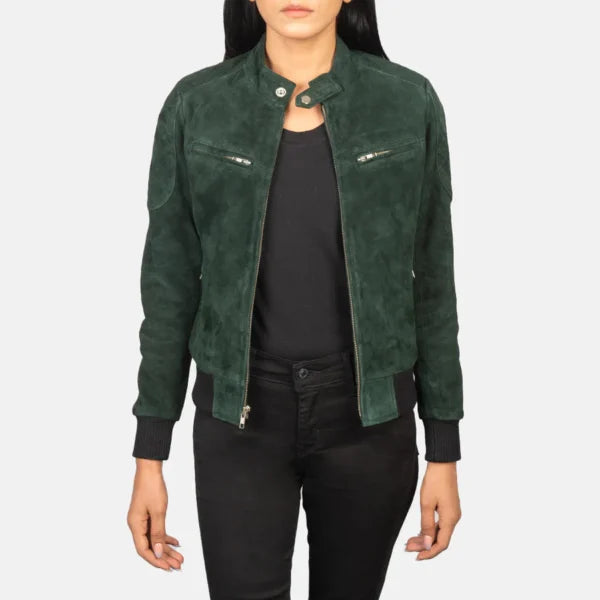 Women Suede Bomber Green Jacket