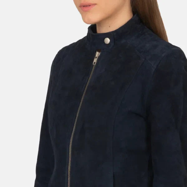 Women Navy Blue Suede Biker Jacket