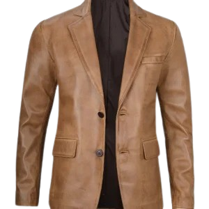Mens Two Button Camel Brown Leather Blazer