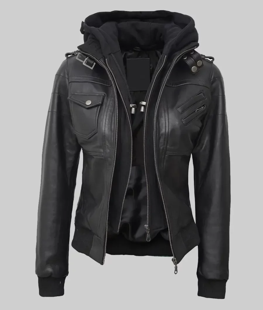 Women Tall Black Hooded Bomber Leather Jacket