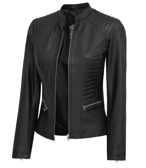 Womens Tall Black Cafe Racer Leather Jacket