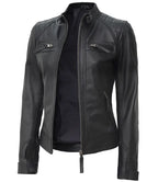 Women Tall Black Quilted Cafe Racer Leather Jacket