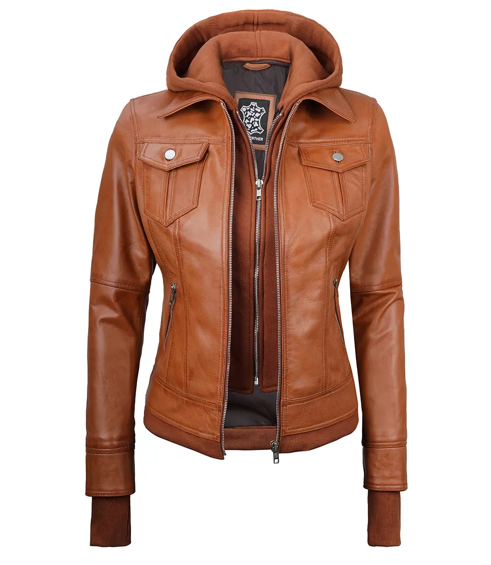Womens Tan Waxed Bomber Detachable Hood Leather Jacket