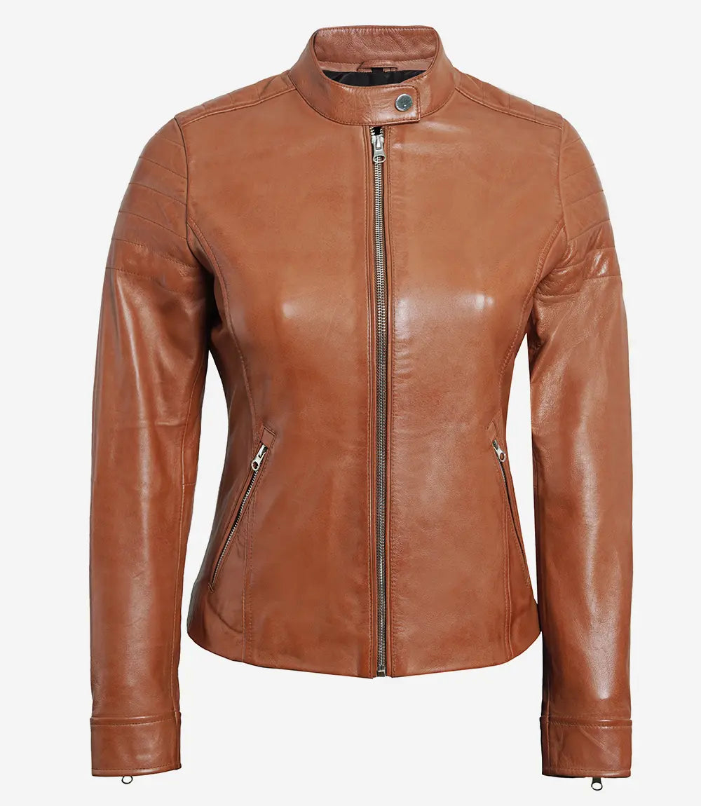 Womens Cafe Racer Tan Leather Jacket