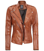 Womens Tan Real Leather Motorcycle Jacket